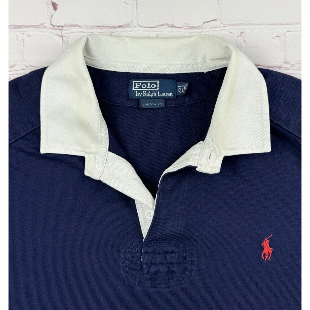 Vintage Polo Ralph Lauren Mens Rugby Polo Shirt Long Sleeve XXL Blue Elbow Patch